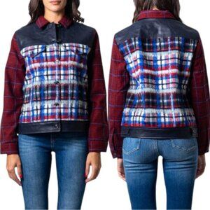 Desigual Ingrid Trucker Jacket US L Plush Tartan Faux Leather Trim Blue